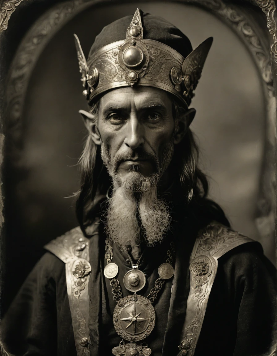 (((Masterpiece, daguerreotype on old paper, monochrome))), by Moebius, by Théodore Géricault, the composition is: ((40 year old male Byzantine high elf scientist, tan, elf ears, Assyrian beard, sullen, magnificent, he is wearing art déco costume with Steampunk elements, sashes, medals, pendants))