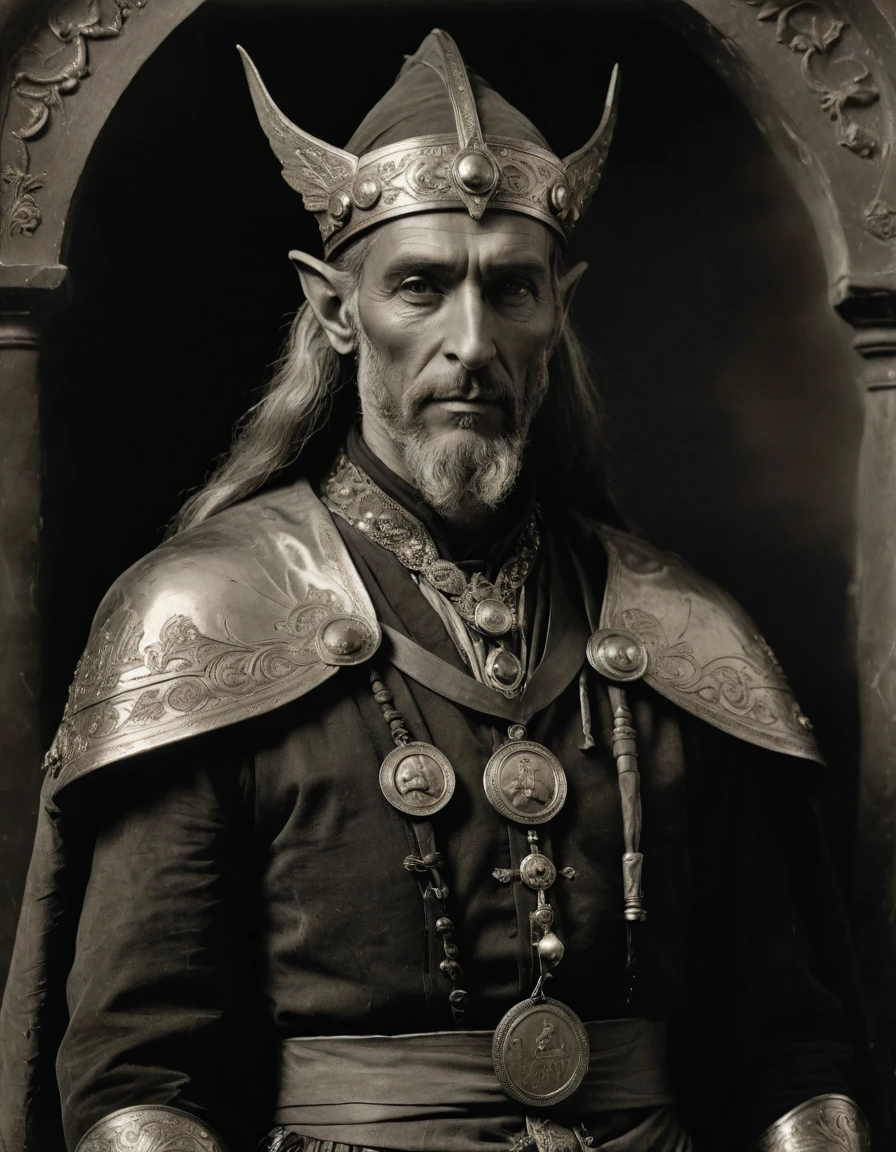 (((Masterpiece, daguerreotype on old paper, monochrome))), by Moebius, by Théodore Géricault, the composition is: ((40 year old male Byzantine high elf scientist, tan, elf ears, Assyrian beard, sullen, magnificent, he is wearing art déco costume with Steampunk elements, sashes, medals, pendants))