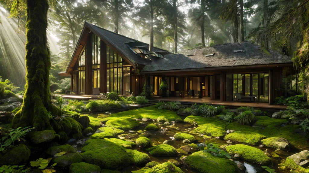 a luxury house in the middle of a dense forest, extremely detailed, 8k, photorealistic, high quality, hyperrealistic, dramatic lighting, beautiful architecture, large windows, elegant design, nature surroundings, lush greenery, mossy rocks, fallen leaves, intricate details, smooth materials, wood textures, glass reflections, atmospheric fog, sunlight rays