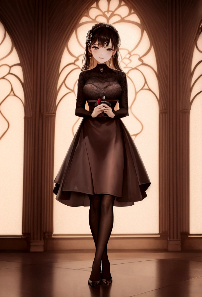 ((work of art,best qualityer)), 4K, high resolution, 1 girl, standing alone, ssmile, brown dress BEING FUCKED (perfumer&#39;s outfit2:1.2), 
