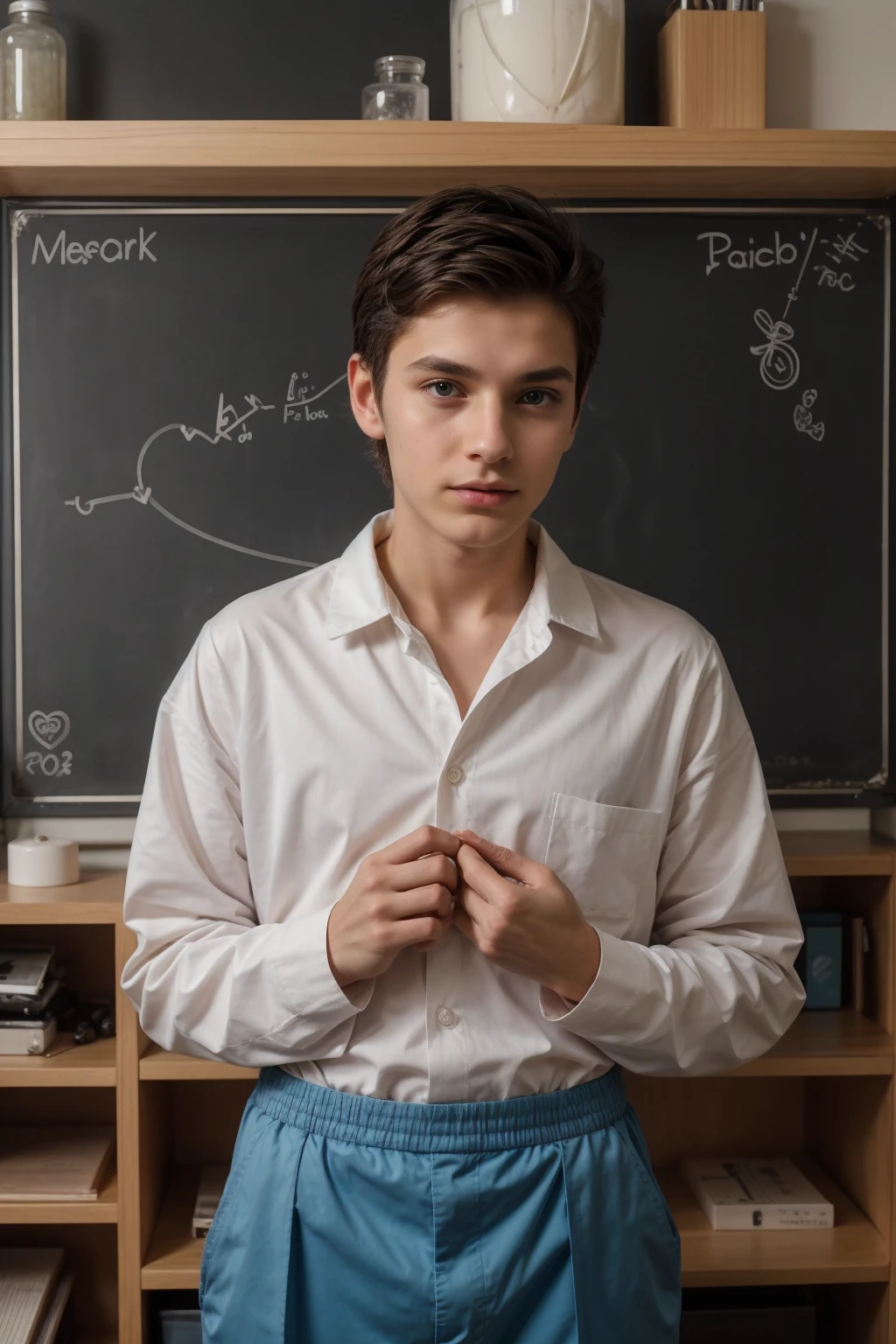 A beautiful young man, male, a cute twink, with black hair, wearing a long-sleeved white shirt and aquamarine blue pants, and he is in his scientific office, and behind him is a blackboard with the shape of the brain and its anatomy written on it, and next to him is the shape of the heart and its anatomy, and he looks proudly. He is a genius in medicine, and he has a face with make-up on it.  powder