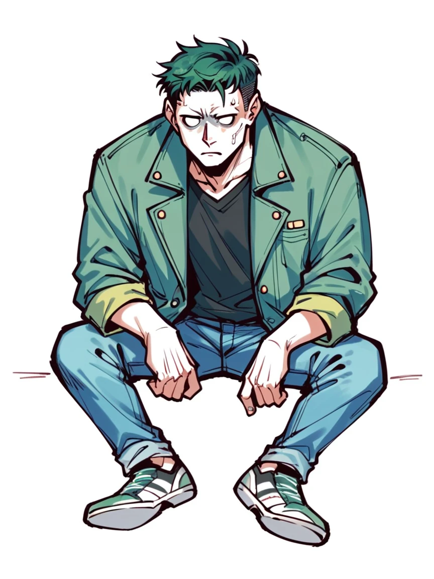 score_9, score_8_up, score_7_up, score_6_up, score_5_up, score_4_up, c0l0ursk3tch, sketch, simple background, 1boy, blank eyes, full body, green jacket, blue jeans