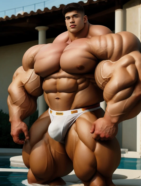 1boy, giant, alone, giant bodybuilder, dynamic pose, illuminating light, strong body, bulk, large size, standing, sunbathing, with panoramic background, outdoor, nude, white triangular underwear, thick bulge, scratch his bulge, extraordinary big, brutalmass, giant muscular body, bulk, buff, massive body, large meaty body size, extremely wide body