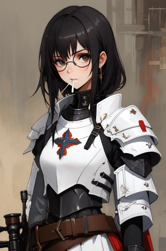 1 girl,,armor,round glasses,complex background,pistol,automatic rifle,suppressant and with cum in the mouth 