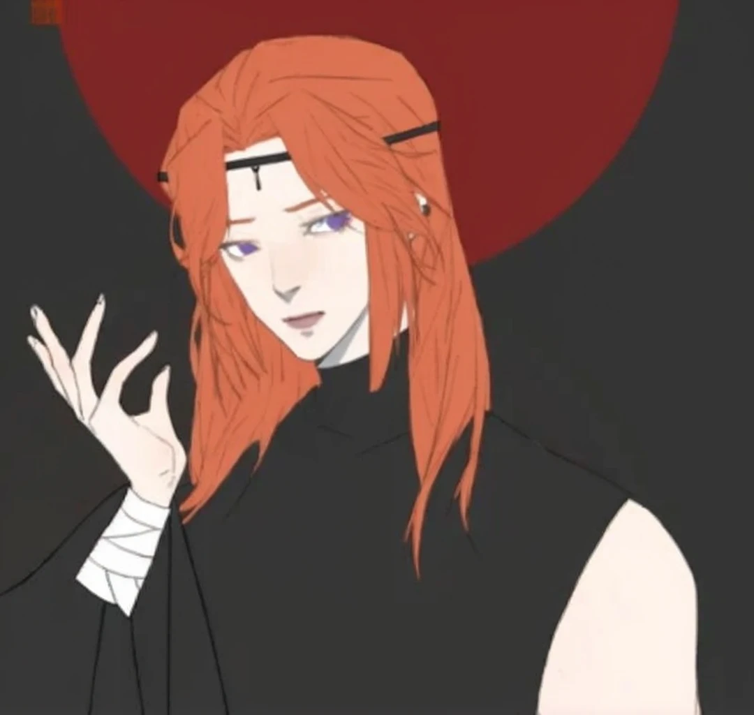 Genshin Impact style guy. Long red hair, bangs on both sides to the chin, sleeveless turtleneck, kimano with zippers, kimano sleeve on one shoulder, wide pants, bandages on the wrists, scars on the shoulders in the form of lightning bolts, the eye of God on the belt, purple eyes.