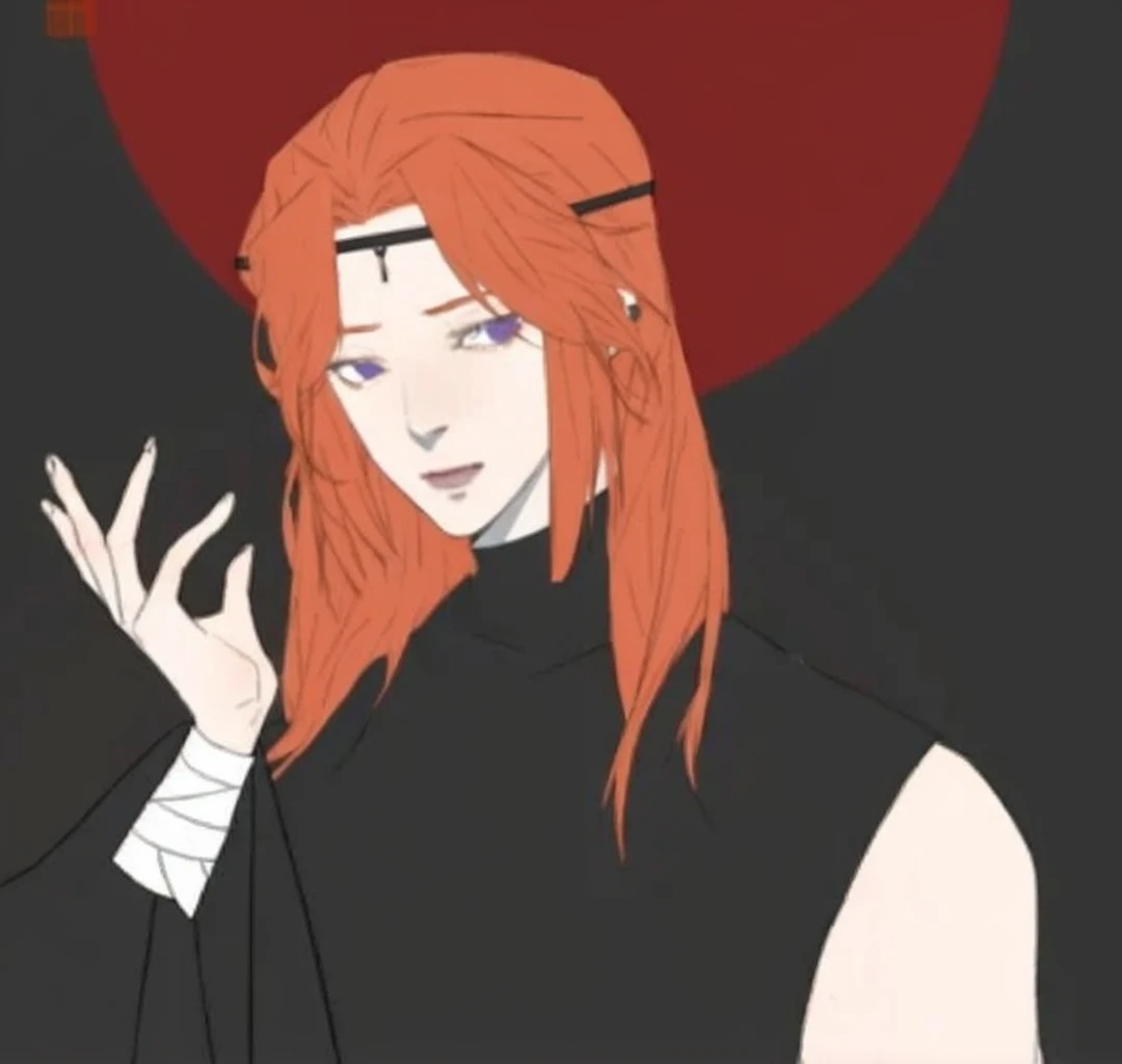 Genshin Impact style guy. Long red hair, bangs on both sides to the chin, sleeveless turtleneck, kimano with zippers, kimano sleeve on one shoulder, wide pants, bandages on the wrists, scars on the shoulders in the form of lightning bolts, the eye of God on the belt, purple eyes.