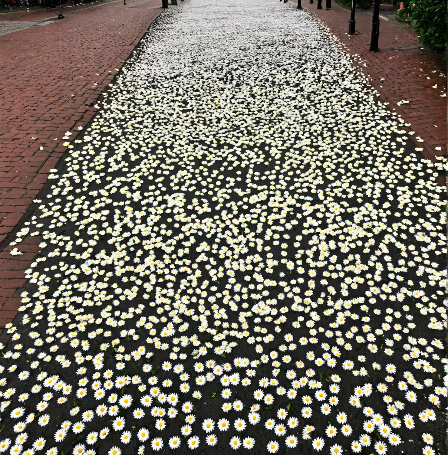 A thousand daisy petals scattered on the ground of a street