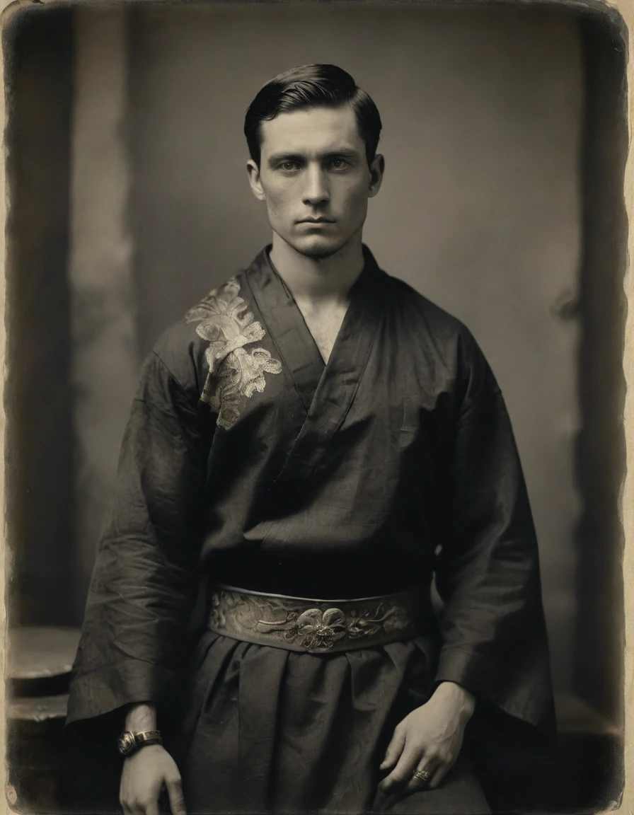 Masterpiece, best quality, ((((Rough monochrome, daguerreotype on old paper, male focus)))), the composition is: (((a young male Roman nobleman, sullen, facing viewer. Tattoos, His face is tattooed. He is wearing a black silken robe with samurai elements, sashes, medals, diamond shape symbology, moth symbology, jungle background))).