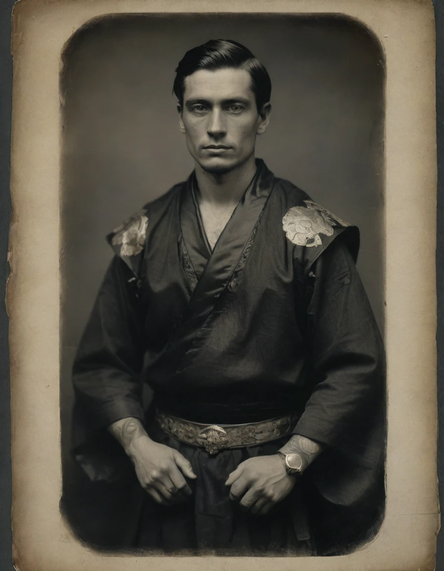 Masterpiece, best quality, ((((Rough monochrome, daguerreotype on old paper, male focus)))), the composition is: (((a young male Roman nobleman, sullen, facing viewer. Tattoos, His face is tattooed. He is wearing a black silken robe with samurai elements, sashes, medals, diamond shape symbology, moth symbology, jungle background))).