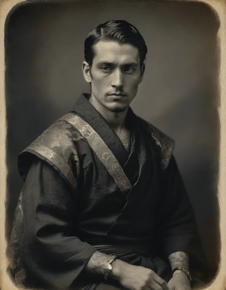 Masterpiece, best quality, ((((Rough monochrome, daguerreotype on old paper, male focus)))), the composition is: (((a young male Roman nobleman, sullen, facing viewer. Tattoos, His face is tattooed. He is wearing a black silken robe with samurai elements, sashes, medals, diamond shape symbology, moth symbology, jungle background))).