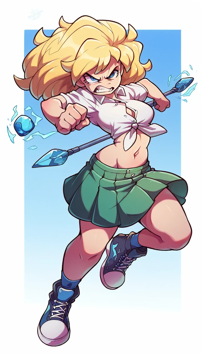 A tall girl beautiful angry upset face angry serious long wavy yellow hair her blue eye wears a white shirt button tied knot shows navel sexy curve and her green skirt wearing black heels sneakers fight combat spear energy blue ball powers 