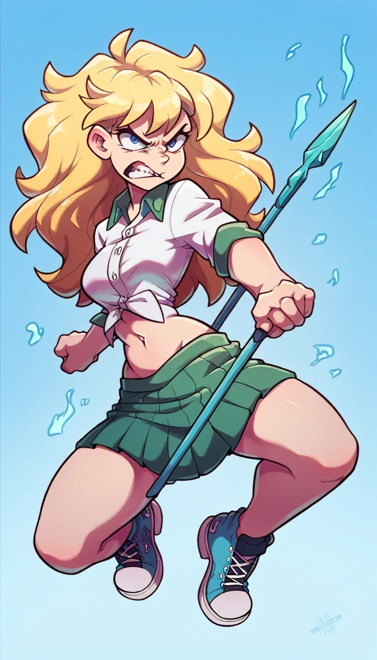 A tall girl beautiful angry upset face angry serious long wavy yellow hair her blue eye wears a white shirt button tied knot shows navel sexy curve and her green skirt wearing black heels sneakers fight combat spear energy blue ball powers 