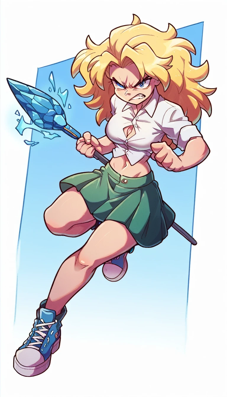 A tall girl beautiful angry upset face angry serious long wavy yellow hair her blue eye wears a white shirt button tied knot shows navel sexy curve and her green skirt wearing black heels sneakers fight combat spear energy blue ball powers 