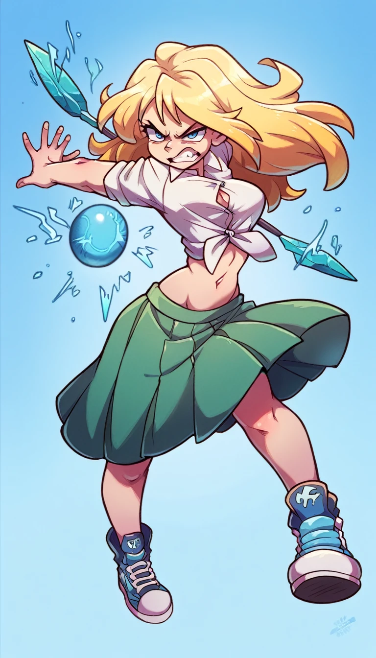 A tall girl beautiful angry upset face angry serious long wavy yellow hair her blue eye wears a white shirt button tied knot shows navel sexy curve and her green skirt wearing black heels sneakers fight combat spear energy blue ball powers 