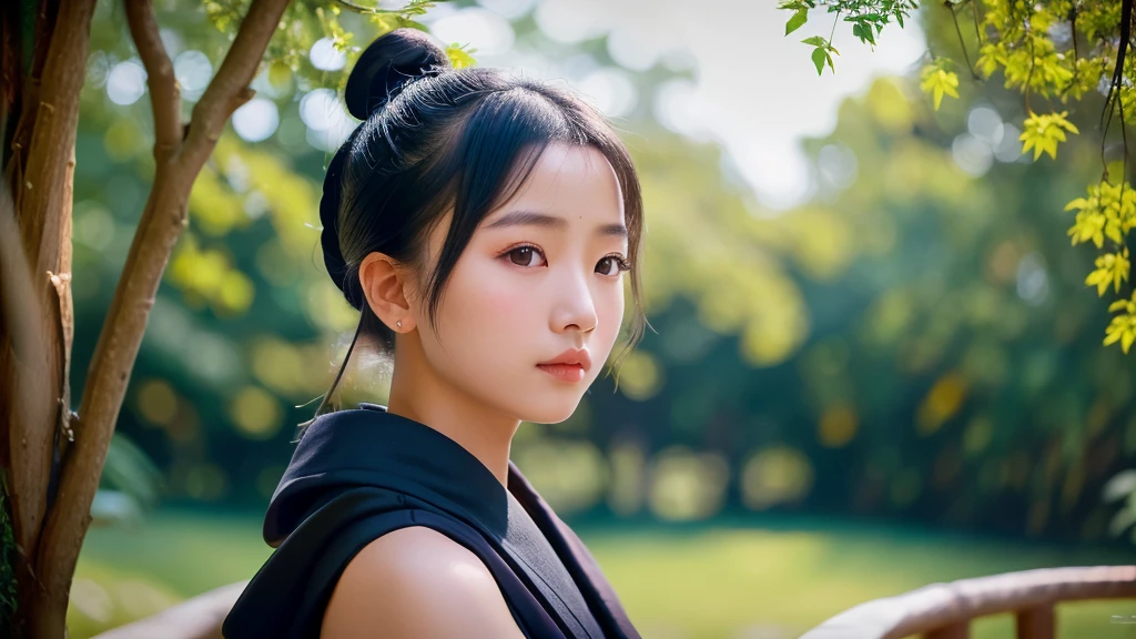 Real, cinematic, high quality photo, extremely beautiful young Asian lady, Taoist style, conservative half-length style, hairstyle in bun, soft light, wearing dark blue Taoist robe, soft emotions, social media feeling background, sunshine, realism, surreal, Highly detailed, shot with a Sony a1 camera