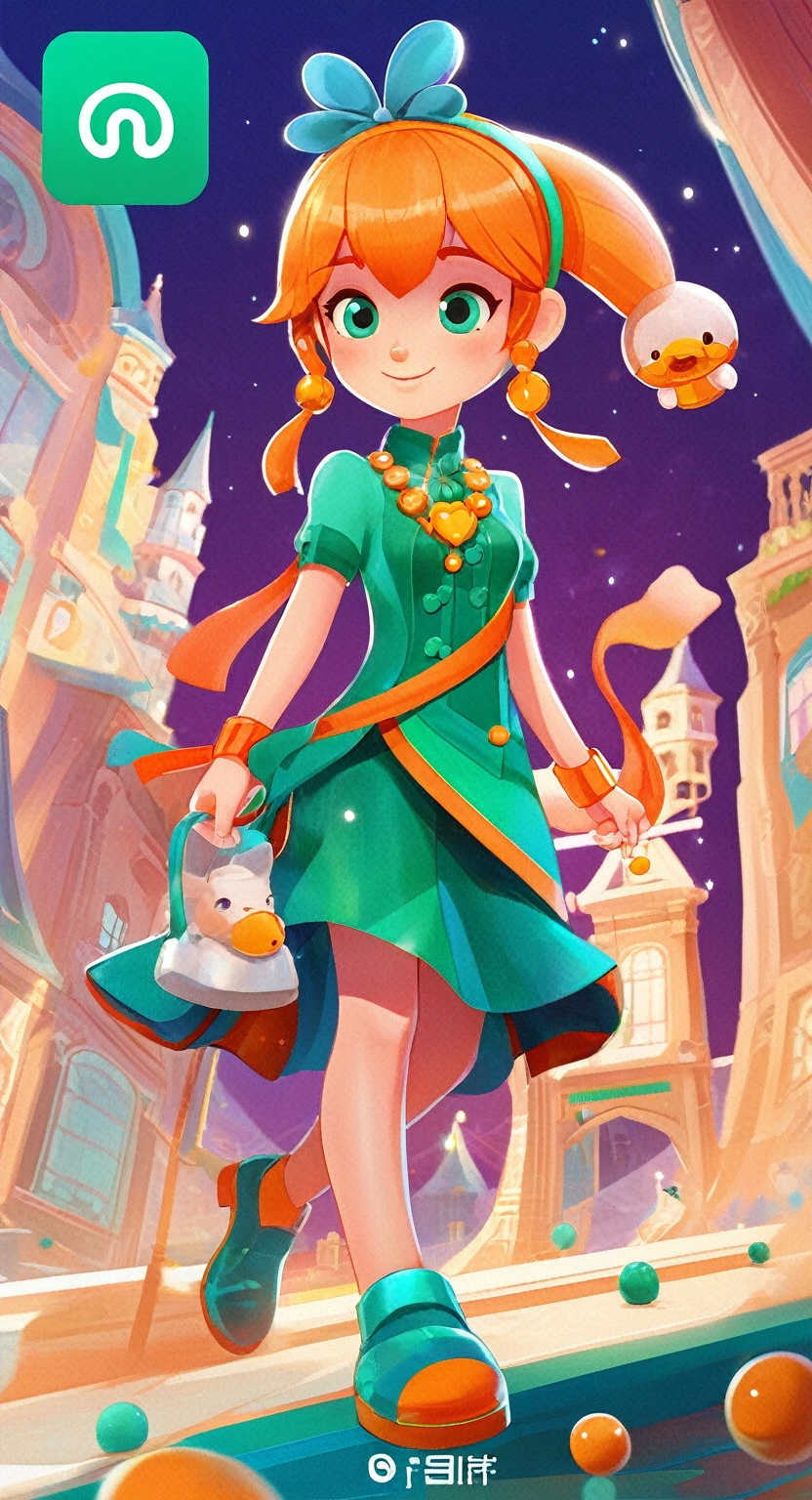 a work of art, of, 2d game art style, characterized girl, Dmitry Vishnevsky, orange and emerald, cute and dreamy, editorial illustrations, zeiss batis 18mm f/2.8
