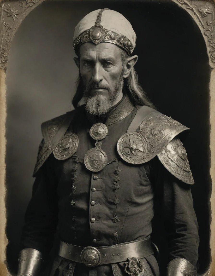 (((Masterpiece, daguerreotype on old paper, monochrome))), by Moebius, by Théodore Géricault, the composition is: ((40 year old male Byzantine high elf scientist, tan, elf ears, Assyrian beard, sullen, magnificent, he is wearing art déco costume with Steampunk elements, sashes, medals, pendants))
