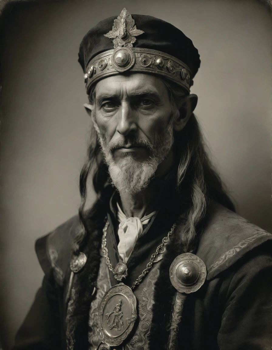 (((Masterpiece, daguerreotype on old paper, monochrome))), by Moebius, by Théodore Géricault, the composition is: ((40 year old male Byzantine high elf scientist, tan, elf ears, Assyrian beard, sullen, magnificent, he is wearing art déco costume with Steampunk elements, sashes, medals, pendants))