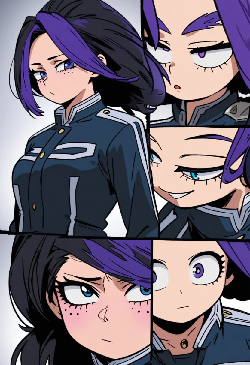 Screenshot of My Hero Academia, a mexican girl with , wide, almost black, blue with purple highlights ., with sapphire blue eyes and long eyelashes and slanted eyes with purple freckles and wearing the boku no hero academia style and the UA uniform