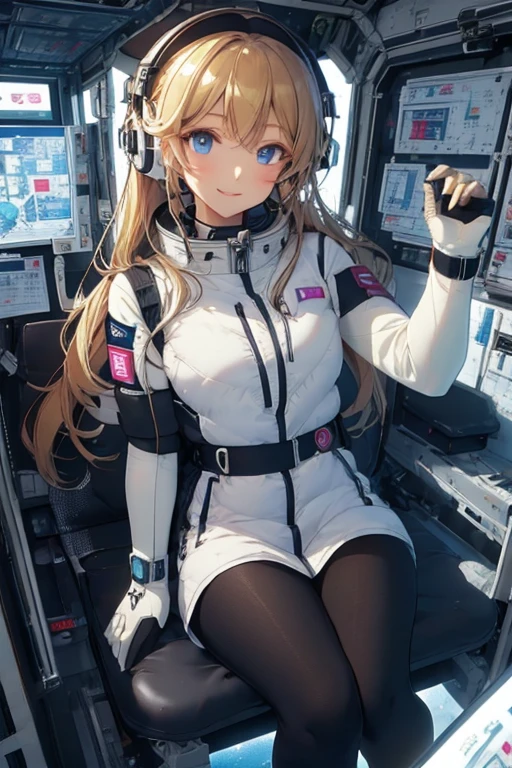 masterpiece, highest quality, high resolution, breasts, 20yo,1 girl,(solo):2,,blonde hair,(inside space station):2,flying:2,floatong:2,zero gravity,wind:1.5,anime lovelive style,

BREAK
headphone,(futurstic tight-fit bodysuit):2,(shiny silver long downvest):100,(northface silver metallic puffy downvest):2,(puffy):2,(black sleeves):5,(black tights):2,(black belt),futuristic boots and gloves,(smartwatch):100,astrovest
BREAK
1 girls, sitting in spacecraft cabin with 4-point seat belt, securely fastened, space station interior, looking out of large windows at Earth below, beautiful eyes, she have aluminum foil pouch,(aluminum foil pouch with plastic viewing window):2, contains nutritious liquid or puree together, smiling and chatting, bright and cheerful expressions, high quality cinematic lighting, detailed textures, sharp focus,blue hair,blue eyes,
