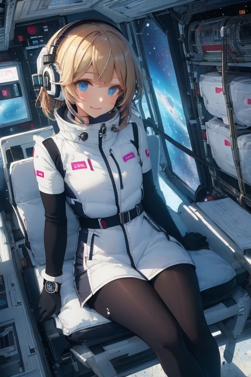 masterpiece, highest quality, high resolution, breasts, 20yo,1 girl,(solo):2,,blonde hair,(inside space station):2,flying:2,floatong:2,zero gravity,wind:1.5,anime lovelive style,

BREAK
headphone,(futurstic tight-fit bodysuit):2,(shiny silver long downvest):100,(northface silver metallic puffy downvest):2,(puffy):2,(black sleeves):5,(black tights):2,(black belt),futuristic boots and gloves,(smartwatch):100,astrovest
BREAK
1 girls, sitting in spacecraft cabin with 4-point seat belt, securely fastened, space station interior, looking out of large windows at Earth below, beautiful eyes, she have aluminum foil pouch,(aluminum foil pouch with plastic viewing window):2, contains nutritious liquid or puree together, smiling and chatting, bright and cheerful expressions, high quality cinematic lighting, detailed textures, sharp focus,blue hair,blue eyes,
