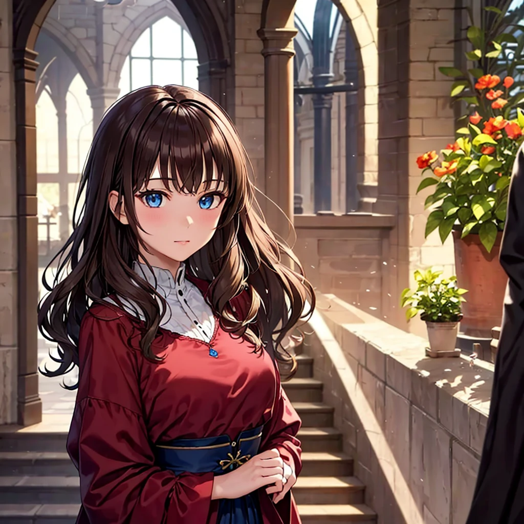 A girl with wavy chestnut hair。blue eyes。A glamorous figure of a 15-year-old、Wearing a medieval dress。