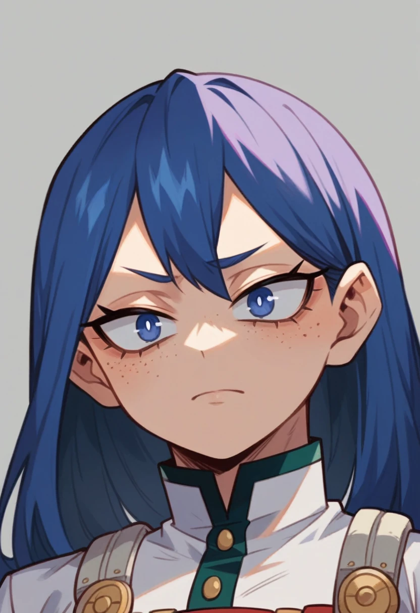Screenshot of My Hero Academia, a mexican girl with , wide, almost black, blue with purple reflections., with sapphire blue eyes and purple shadow with long eyelashes and slanted eyes with purple freckles and wearing the boku no hero academia style and the UA uniform
