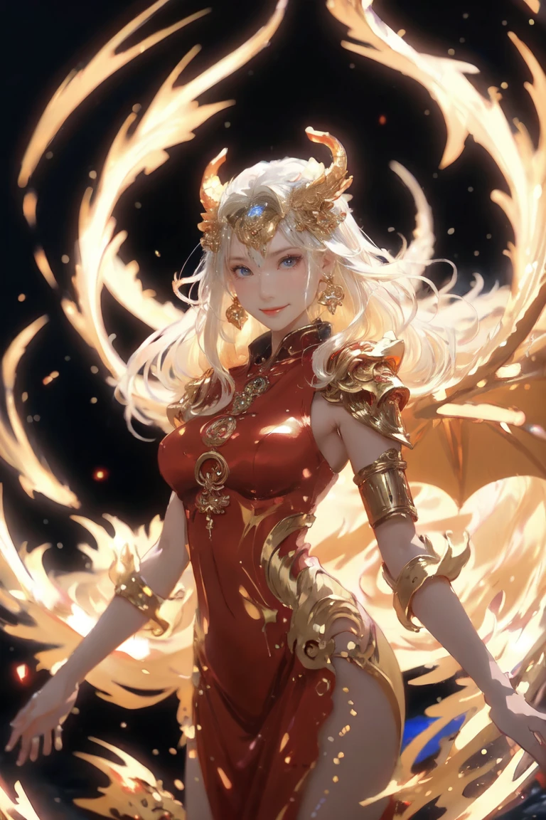  anime with long hair, movement pose and red dress standing in the water with a big golden dragon, 4K anime art wallpaper, 8K anime art wallpaper, anime fantasy artwork, 4k fantasy artwork, 坏蛋动漫8 K, epic anime art, detailed art of onmyoji, anime fantasy illustration, inspired by Naomi, 4K anime-style, gold accents