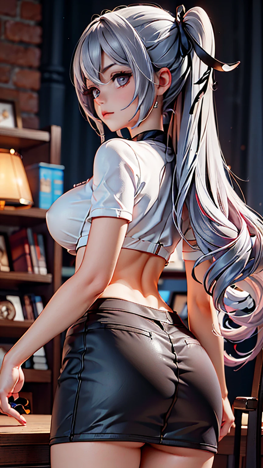One girl, short t-shirt, skirt, leggings, eyes blue, big ass, perfect breast, slim, cute, sexy, very detailed, exquisite lighting and composition, , 8k, sharp, highly detailed, high resolution, looking back