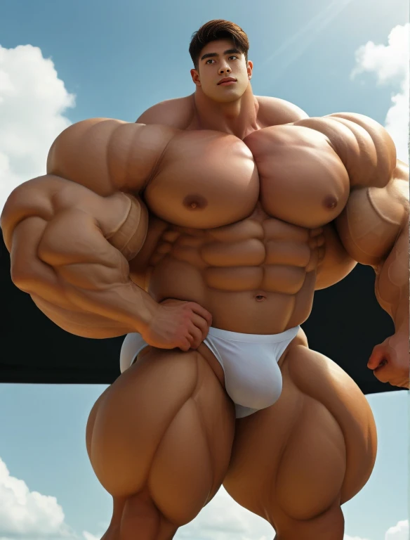 1boy, giant, alone, giant bodybuilder, dynamic pose, illuminating light, strong body, bulk, large size, standing, sunbathing, armpit, with panoramic background, outdoor, nude, white triangular underwear, thick bulge, bulge, extraordinary big, brutalmass, giant muscular body, bulk, buff, massive body, large meaty body size, extremely wide body