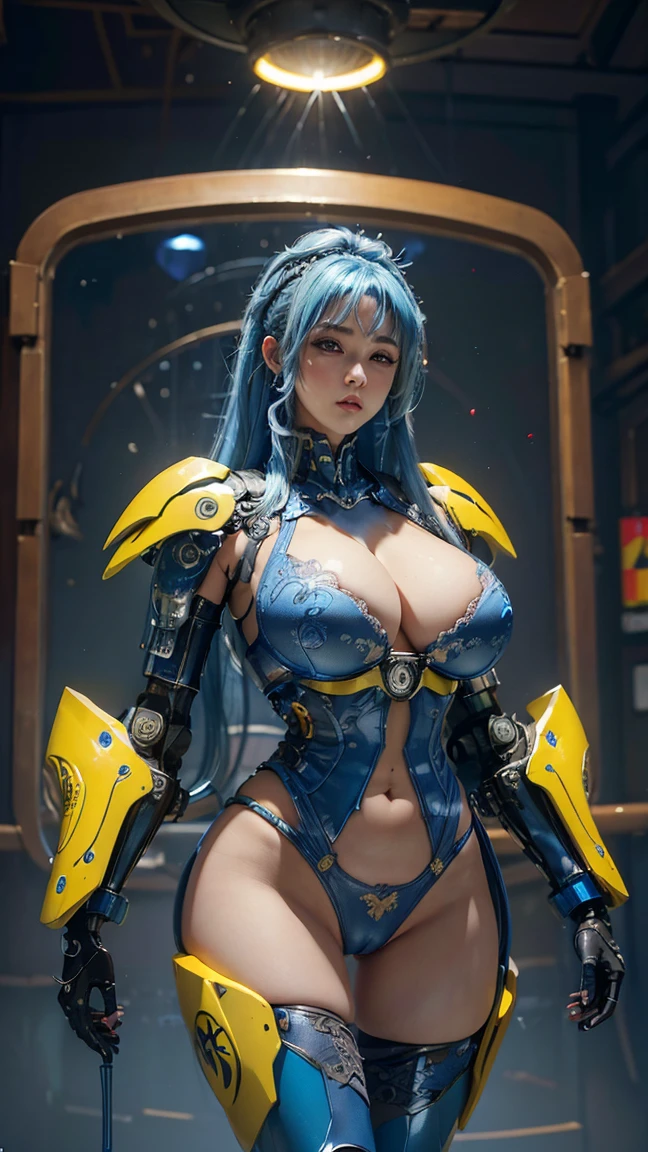 very big tits ((Masterpiece, The best quality)), illustration, 8K ultra detailed, realist, clear focus, Very detailed, Professional lighting, colorful details, Rainbow color break, high rise factory, large mechanical robot structure, tablet, computer, ((glow)), intricate details, shitu-mecha, 1 girl, mecha, belly button, color image, (cyberpunk), (bluer hair: 1.2) big tits very sexy very big tits extremely big tits big cameltoe cameltoe cameltoe big  cameltoe big,light blue yellow hair,Yellow hair,Dorado