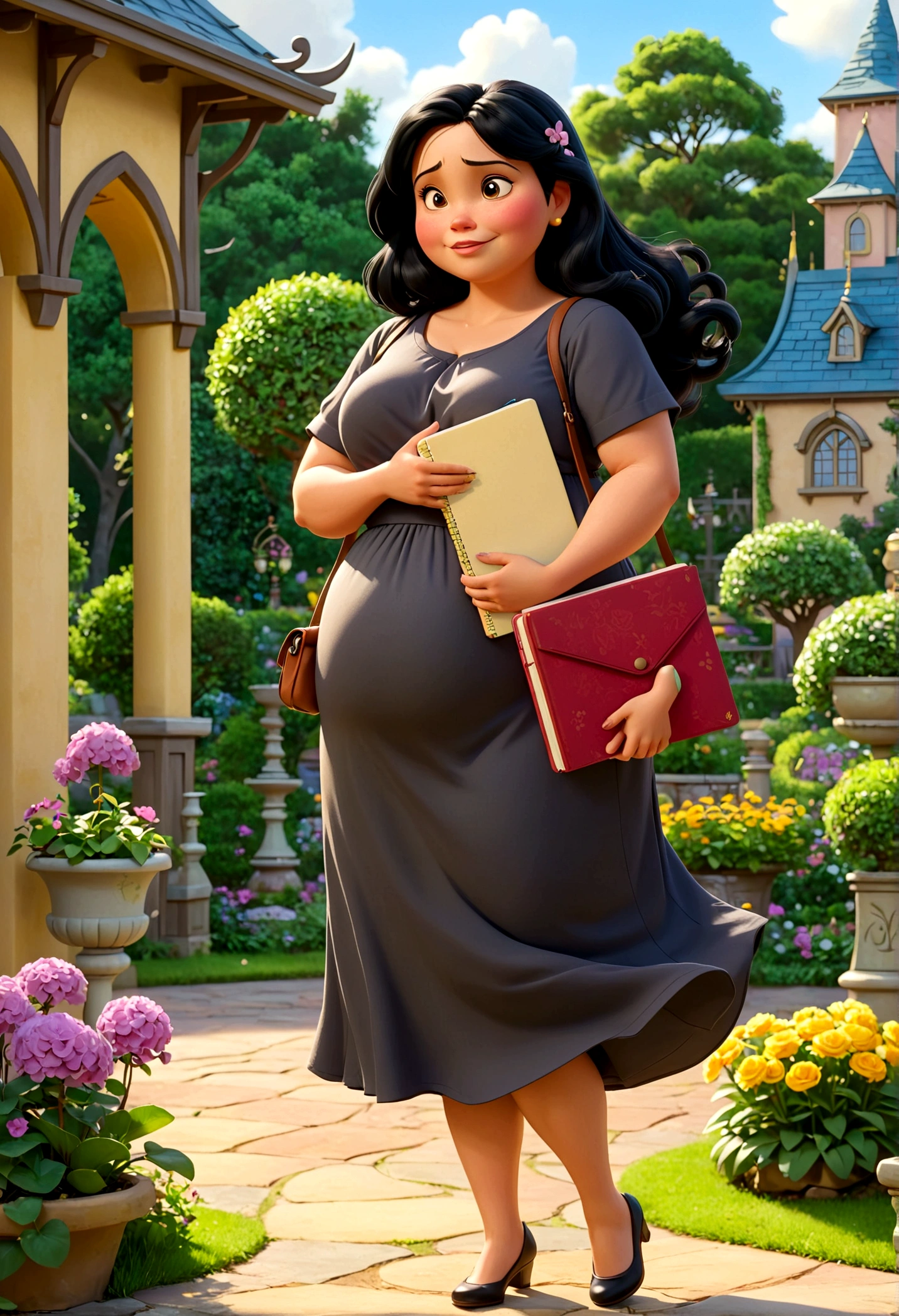 standing alone,1 woman 45 years old, chubby,medium straight black hair, wears side bag and notebook in arms, Wear long dresses without prints,standing,don,resource, Disney style, Various poses and expressions, 4 positions, all-body, garden background