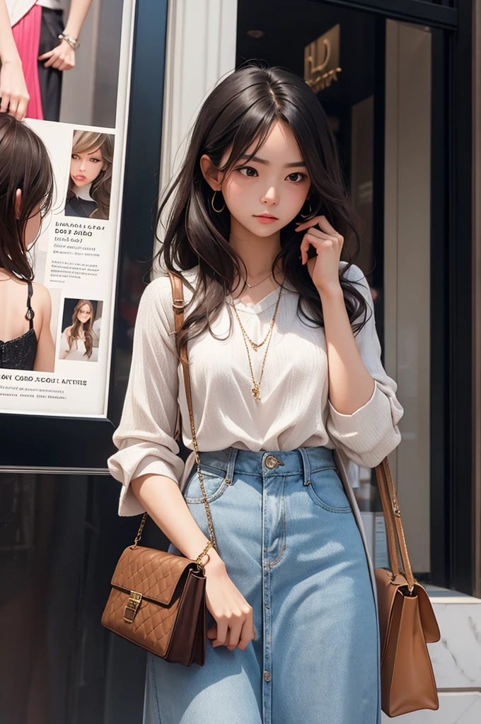 create a pensive woman in front of a handbag store in new york