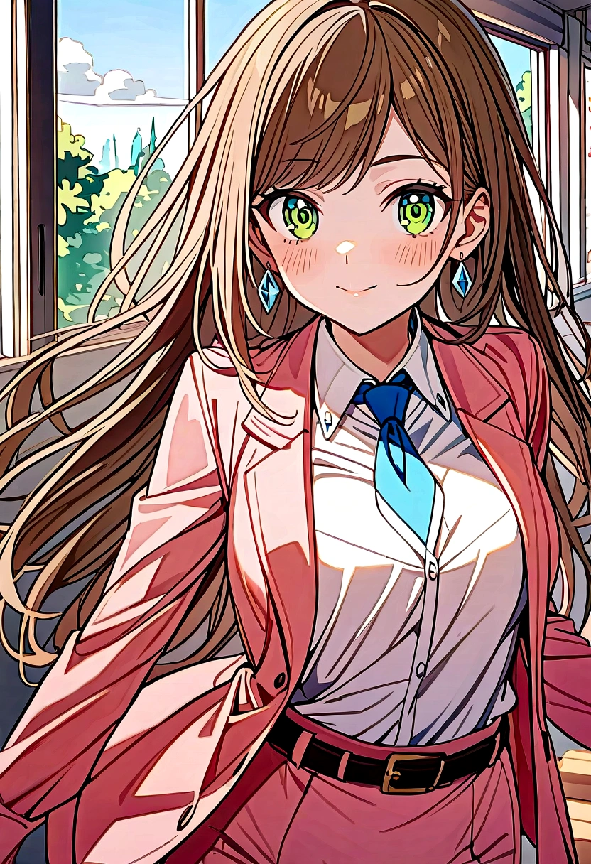 (Day),School,classroom, Windows,
Dynamic pose, Upright immobile posture,
Pink pencil skirt, Pink jacket,Collared shirt, White shirt, Blue tie,belt,
jewelry,Earrings,
bangs,Long Hair,Green Eyes,
,1 Girl, Age 35,young woman,Beautiful long legs,Beautiful body,
Beautiful Nose,Beautiful character design, Perfect eyes, Perfect face,Expressive eyes,Perfect balance,
View your viewers,Mouth closed,