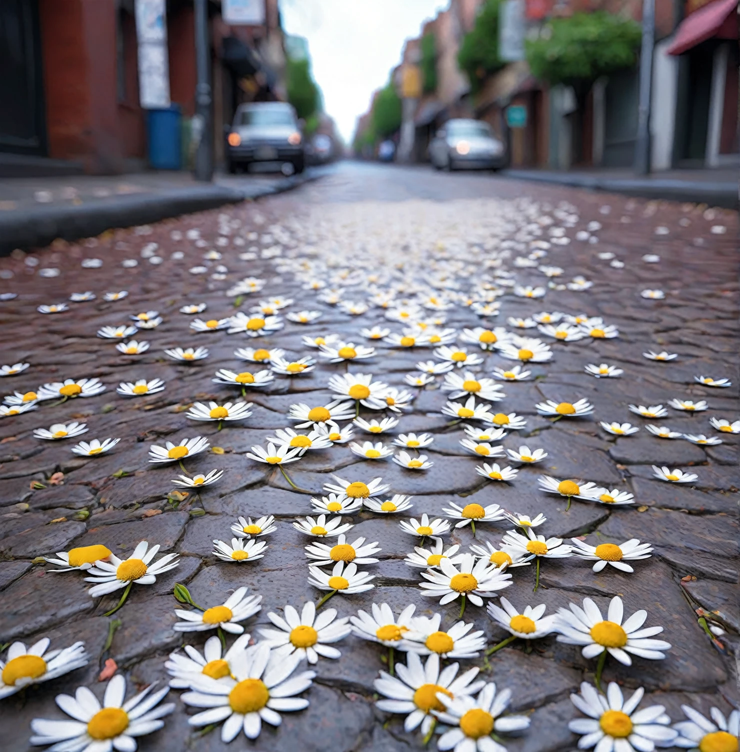 A thousand daisy petals scattered on the ground of a street