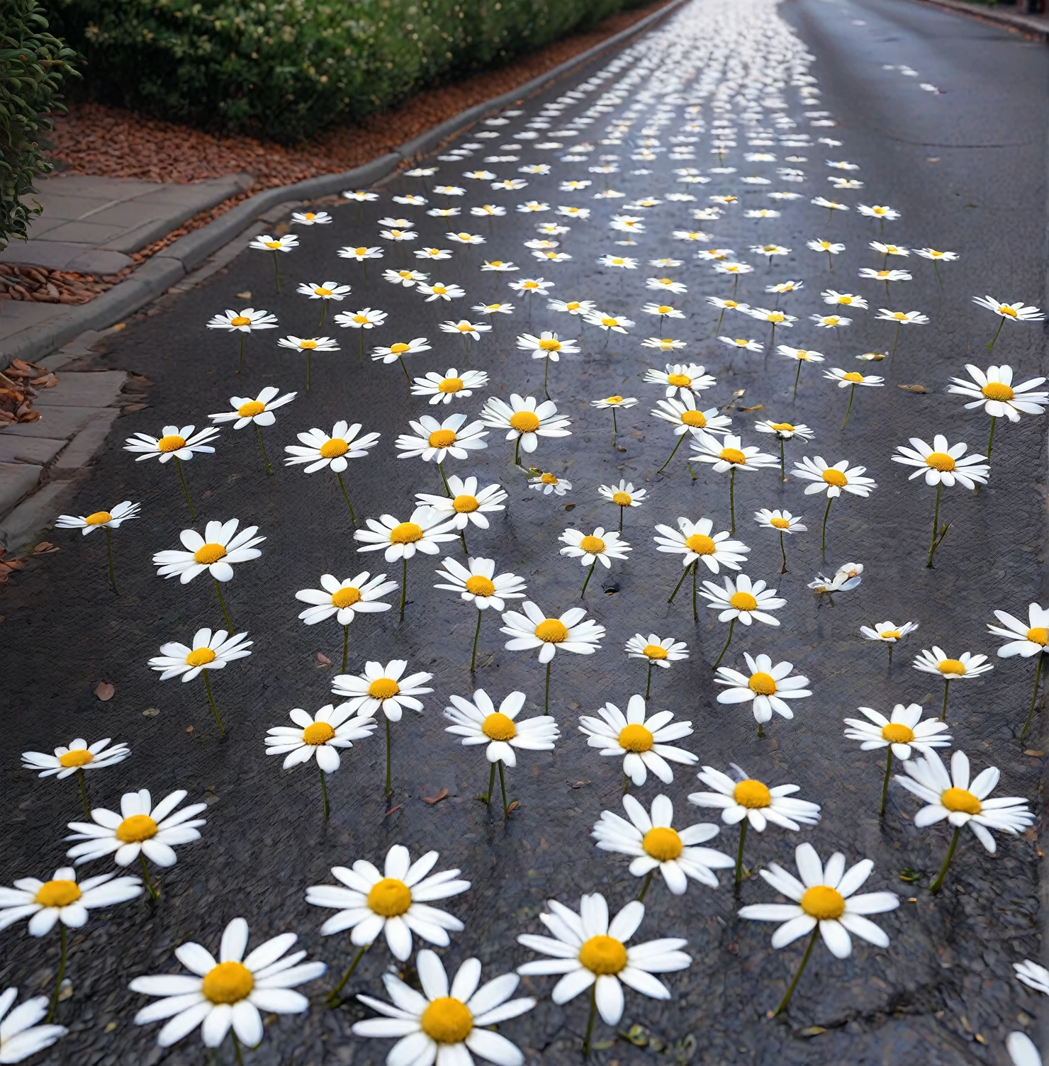 A thousand daisy petals scattered on the ground of a street