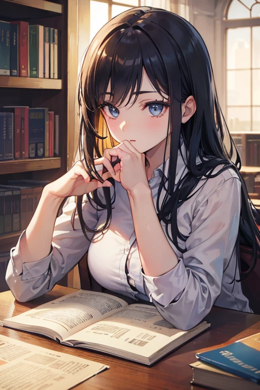 a studious student devouring a book while reading it with satisfaction in the library, detailed portrait of the student's face, beautiful detailed eyes, beautiful detailed lips, extremely detailed eyes and face, longeyelashes, concentrated expression, warm lighting, photorealistic, 4k, high resolution, hyperrealistic, incredibly detailed, masterpiece, studio lighting, physically-based rendering, portrait, dramatic lighting, warm colors, cozy atmosphere