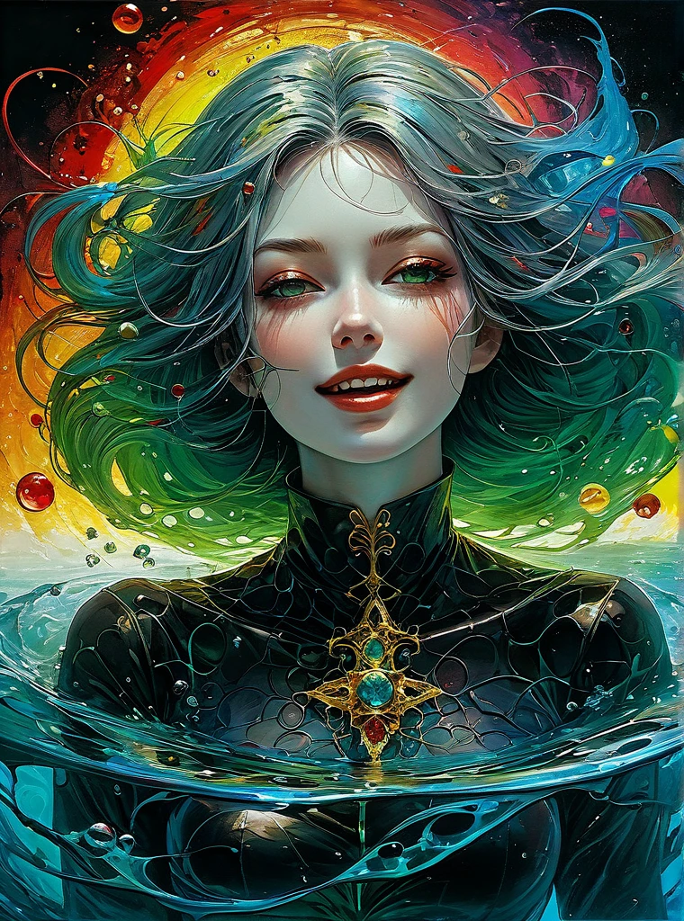a Girl, laughing, Colorful colors, surrounded by water bubbles, in the style of Kawacy, Masterpiece, Oil painting drawn in anime style, head close - up, exaggerated perspective, Tyndall effect, water drops, mother - of - pearl iridescence, Holographic white, chess queen outfit, anime girl, girl with a pretty face, white gold hair, green eyes, goth girl, ((sexy school uniform)), wearing a stylish very sexy , with a funny expression on her face, Hellwalker, incombing death, black bloody veins growing and intertwining out of the darkness, oozing thick yellow blood, veins growing and pumping blood, (chubby female body:0.8), vascular networks growing, connecting, explanding, red veins everywhere, zdzislaw beksinski, (sharp colors:1.3), (rainbow skin:1.1), (Infrared:1.2), ultra detailed, intricate, ((dry brush, ultra sharp)), (surrealism:1.4), (disturbing:1.5), beksinski style painting, satanic symbols, (full torso), full body in frame, centered body, kawaii, realistic, ((intricate details)), (pale gothic evil queen), ibrant, action-packed, detailed character design, reminiscent of fighting video games, black bloody veins growing and intertwining out of the darkness, oozing thick neon rainbow blood, veins growing and pumping blood, vascular networks growing, connecting, explanding, red veins everywhere, zdzislaw beksinski, (vibrant colors:1.1), dynamic pose, perfect face, (realistic eyes), perfect eyes, ((dark gothic background)), sharp focus