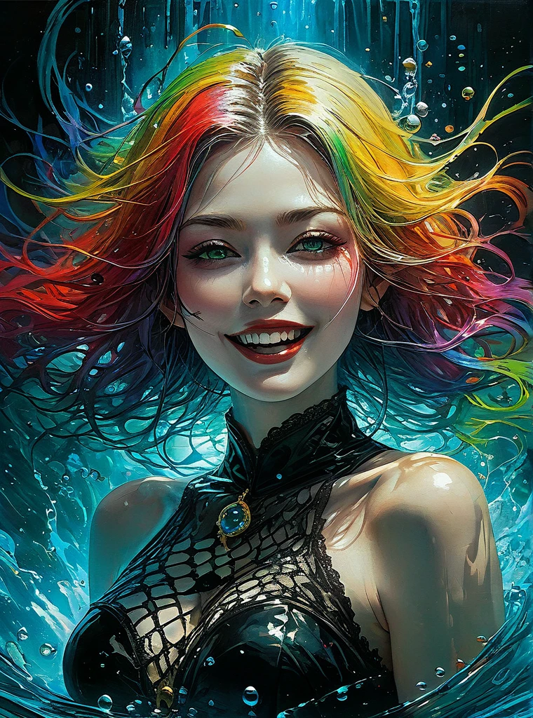 a Girl, laughing, Colorful colors, surrounded by water bubbles, in the style of Kawacy, Masterpiece, Oil painting drawn in anime style, head close - up, exaggerated perspective, Tyndall effect, water drops, mother - of - pearl iridescence, Holographic white, chess queen outfit, anime girl, girl with a pretty face, white gold hair, green eyes, goth girl, ((sexy school uniform)), wearing a stylish very sexy , with a funny expression on her face, Hellwalker, incombing death, black bloody veins growing and intertwining out of the darkness, oozing thick yellow blood, veins growing and pumping blood, (chubby female body:0.8), vascular networks growing, connecting, explanding, red veins everywhere, zdzislaw beksinski, (sharp colors:1.3), (rainbow skin:1.1), (Infrared:1.2), ultra detailed, intricate, ((dry brush, ultra sharp)), (surrealism:1.4), (disturbing:1.5), beksinski style painting, satanic symbols, (full torso), full body in frame, centered body, kawaii, realistic, ((intricate details)), (pale gothic evil queen), ibrant, action-packed, detailed character design, reminiscent of fighting video games, black bloody veins growing and intertwining out of the darkness, oozing thick neon rainbow blood, veins growing and pumping blood, vascular networks growing, connecting, explanding, red veins everywhere, zdzislaw beksinski, (vibrant colors:1.1), dynamic pose, perfect face, (realistic eyes), perfect eyes, ((dark gothic background)), sharp focus