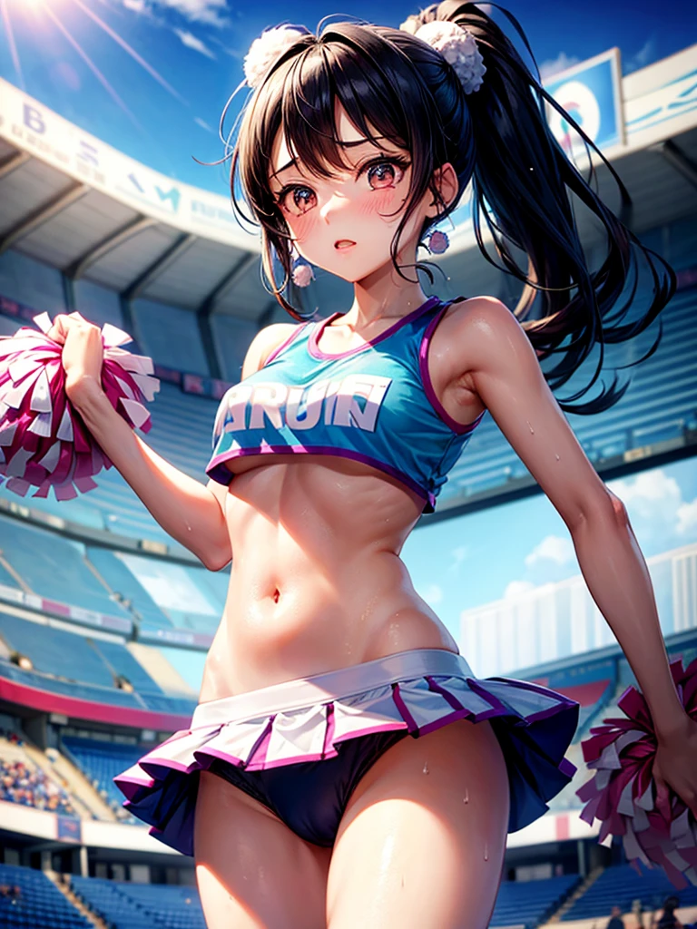 Highest quality,Highest Resolution,Beautiful cheerleader girl with pom-poms,Sweat flying,Big eyes,Belly button,Underwear that becomes transparent due to sweat,Black hair ponytail,Diagonally below,Arena,support,