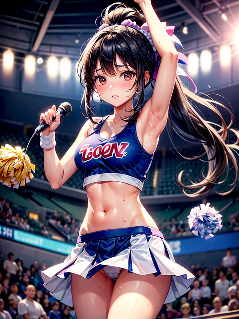 Highest quality,Highest Resolution,Beautiful cheerleader girl with pom-poms,Sweat flying,Big eyes,Belly button,Underwear that becomes transparent due to sweat,Black hair ponytail,Diagonally below,Arena,support,