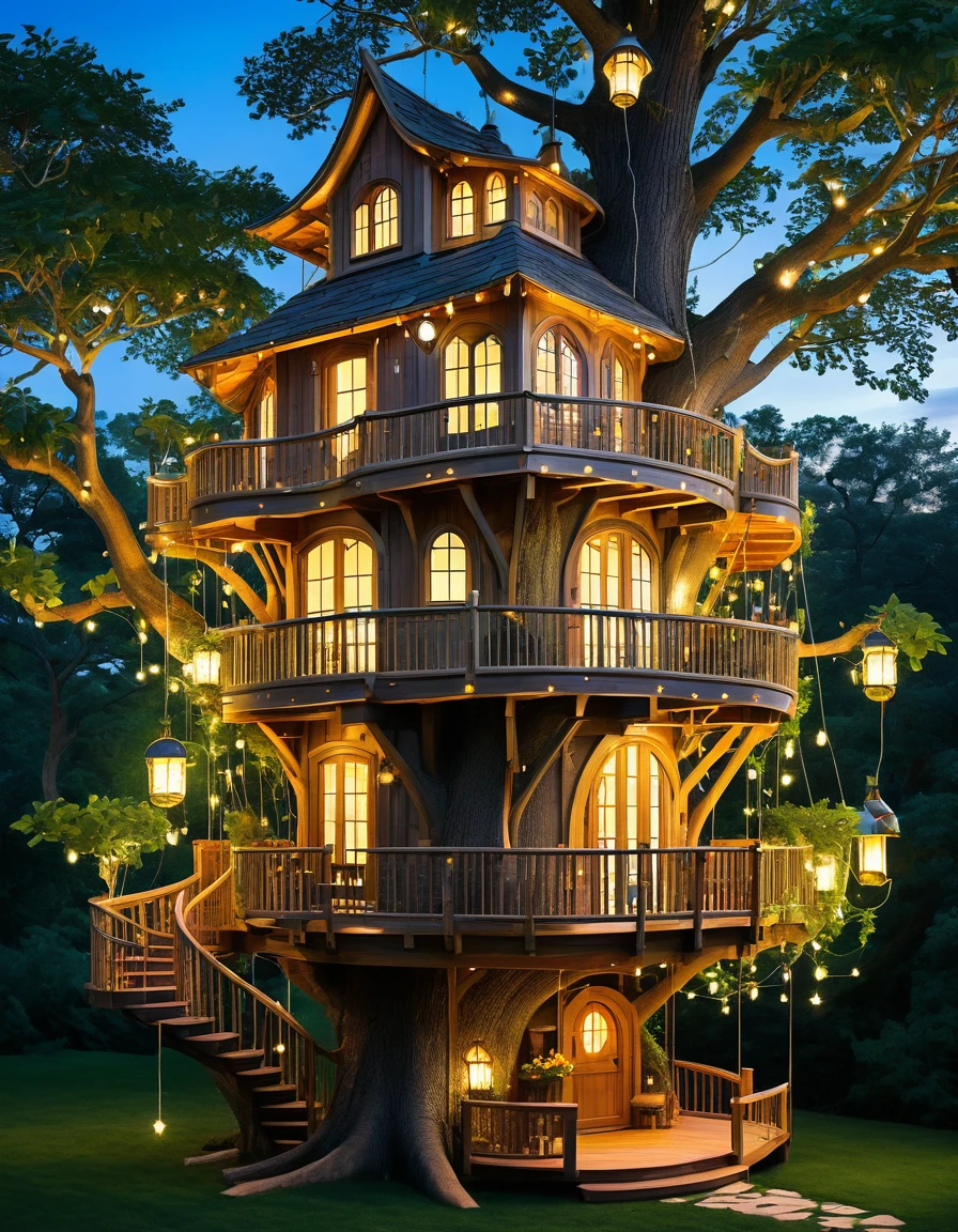 Design a whimsical treehouse with multiple floors and balconies, built into a large tree. Include glowing lanterns and vibrant greenery for a magical effect.