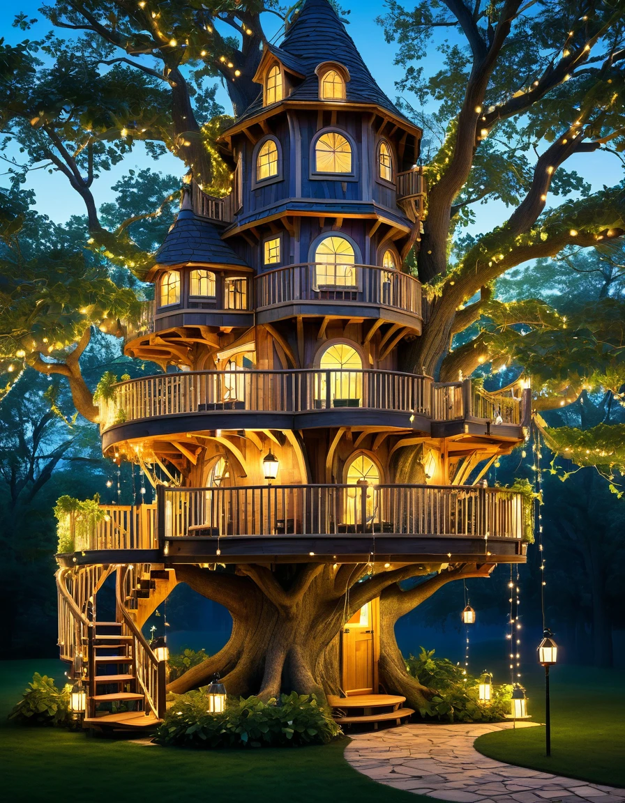Design a whimsical treehouse with multiple floors and balconies, built into a large tree. Include glowing lanterns and vibrant greenery for a magical effect.