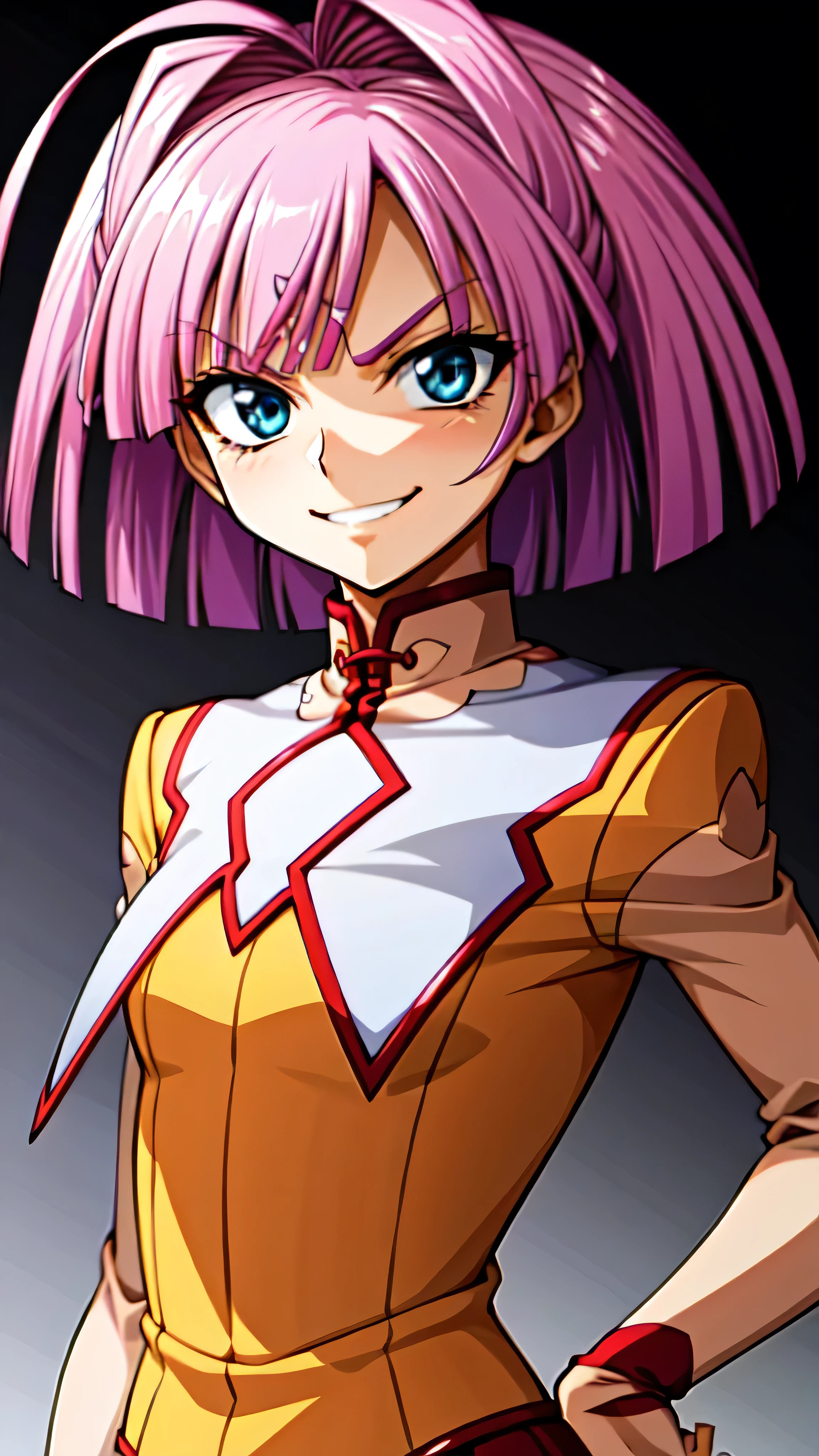 (best_quality 4K, 8K, High resolution, Masterpiece: 1.2), ultra detailed),from_below,(anime_screencap),(1girl,solo),dynamic_angle,too evil_smile,too evil laugh at,tis,deep shaded_face,too sadistic smile,smile worst,,bob short  hair,,,looking at viewer,upper body,black background,too worst smile,too bad smile,too evil smirk,,too sadistic smirk,deep dark face,