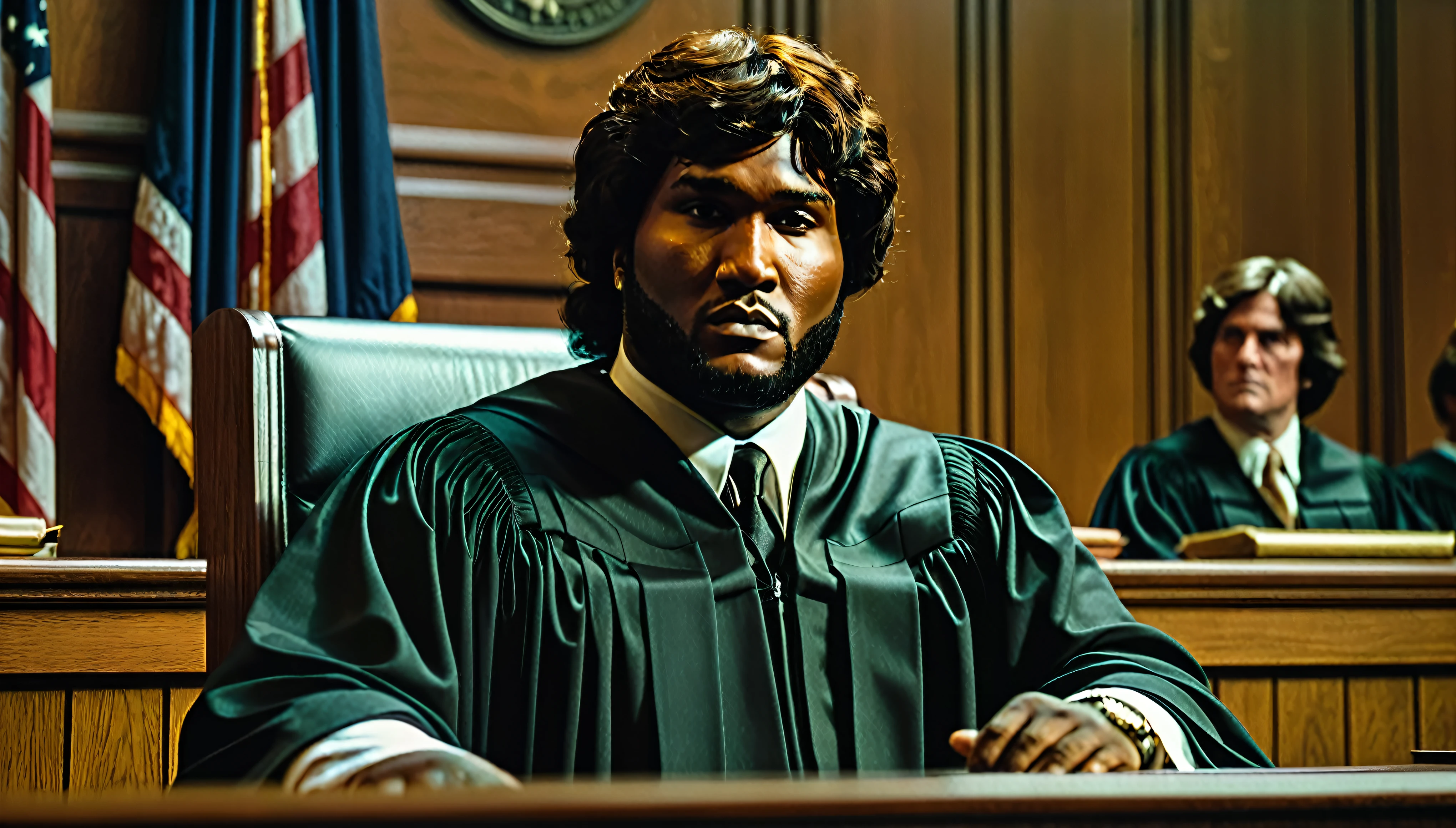 1970s, young jeezy in judge's robe and wig in courtroom,elegant formal attire, serious expression, hyper realistic, cinematic lighting, dramatic shadows, highly detailed, photorealistic, 8k, highest quality, intricate details, chiaroscuro lighting, dramatic pose, impeccable textures, masterpiece, stunning clarity, vivid colors, cinematic composition