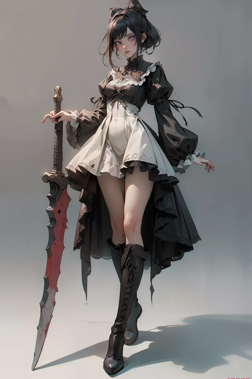 ((best quality)), ((masterpiece)), (detailed), very skinny, prominent collarbones, skinny arms, flat stomach, visible hip bones, red and white clothing, Bloodborne inspired, occult aesthetic, occult, detailed and intricate steampunk and detailed gothic, NSFW, Very dramatic and cinematic lighting, cosmic horror, grim-dark, side-lighting, perfect face, NSFW, Fluttering lace flared long knee length dress with frilly petticoats, knee length dress, pleated petticoats, ta dress, petticoats gothic lolicomplex lace boots, side-lighting, gothic lolita aetic, wielding a mighty sword with mechanical components, carbine, NSFW, beautiful small breasts, small breasts, full body, whole body, body, NSFW, full body, whole body, head-to-toe NSFW