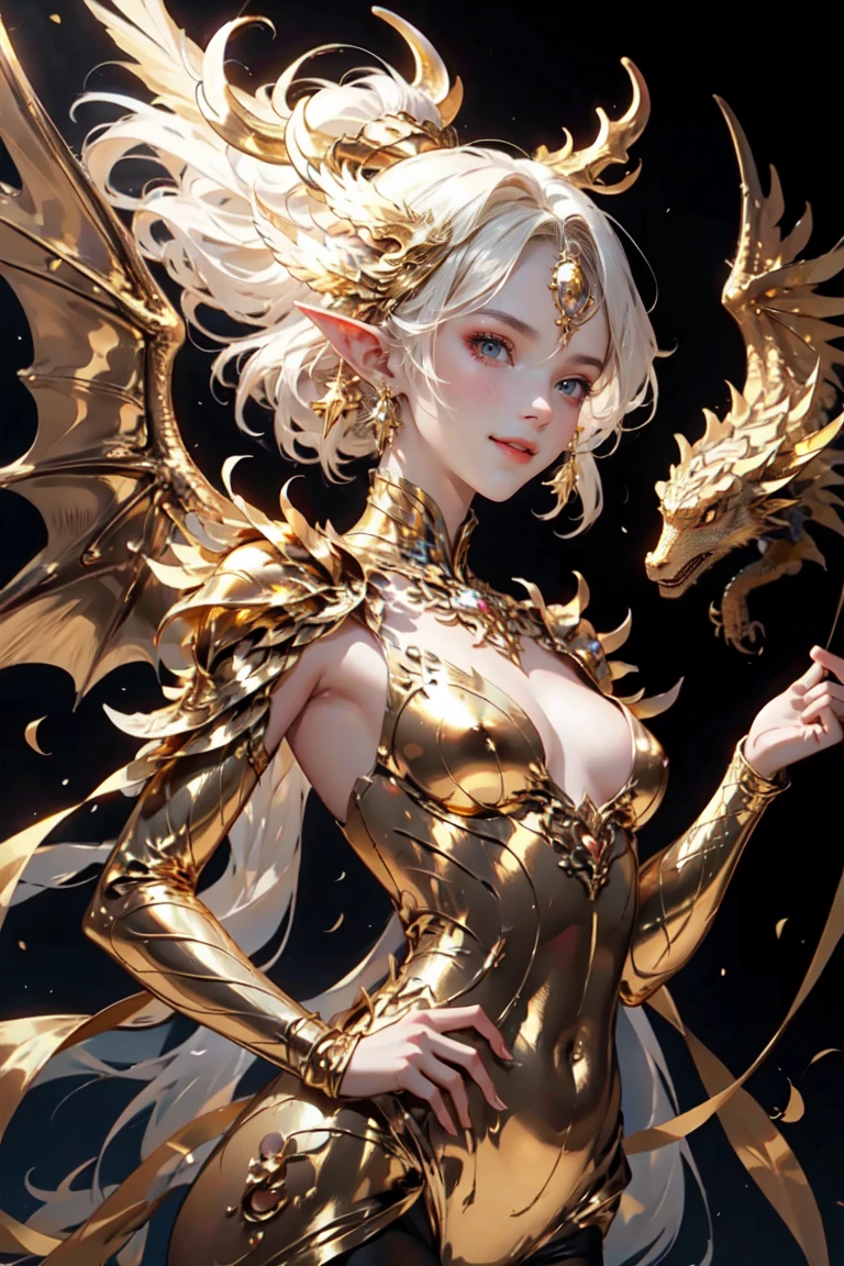 humanoid dragon girl flying with golden wings