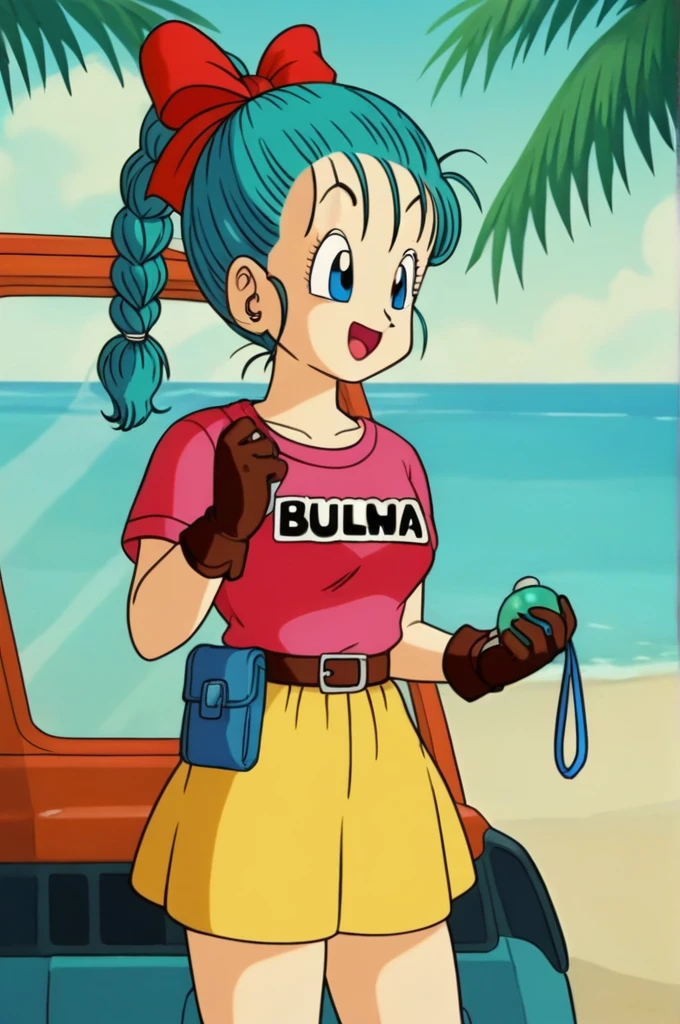 source_anime, score_9, score_8_up, score_7_up, anime screencap,
bulma \(dragonball\), 1girl, solo, smile, open mouth, blue eyes, gloves, ribbon, aqua hair, braided ponytail, hair ribbon, braid, :d, outdoors, sky, day, belt, character name, tree, single braid, bird, fanny pack, 1990s \(style\), On the beach, with a sensual bikini, and a sensual pose