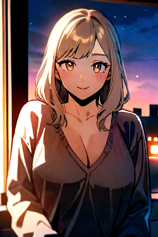 (raw style, Masterpiece, Best Quality, ultra detailed), Elizabeth Olsen, 28 years old, posting outdoors, deep v-neck sweater, big chest, beautiful night, joyfully and happily, clear sky, analog style, (skin texture, film grain), cinematic light, side lighting, ultra high resolution