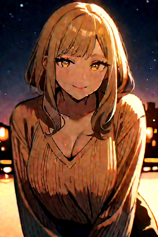 Best Masterpiece, Highest Quality, High resolution, 32K, Cute, 1 girl, Solo, short height, Medium chest, (: 1.3 years old), (Wavy short hair), (shoulder length hair), Short hair, symmetric clear eyes, (Yellow eyes), Beautiful eyes, drooping eyes, (blush), Red cheeks, (Open mouth), White breath, Cold, Gentle expression, Smile, slender, breasts, (medium breasts), (Exposed breasts), (Cute fingers), Five Fingers, Human Hands, Perfect proportions, (grey sweater), Beautiful body line, (sweat pant), Sweatshirt Shirt, (View from above), From above, Greeting, (Standing), Standing, Night, (Night view), Beautiful scenery, (nightcity), Fantastic madder sky, shine